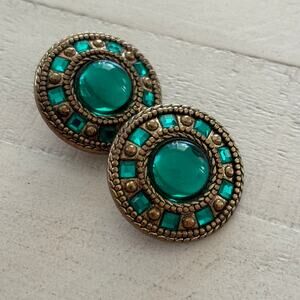 Art Deco Green Emerald Crystal Clip On Earrings Vintage